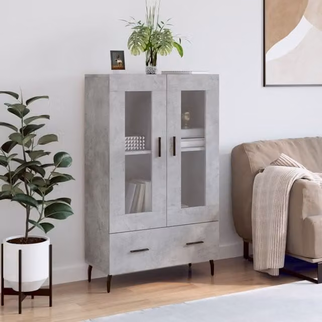 Berkfield Home Modern Highboard in Concrete Grey with Glass Doors, W/D/H: 69.5 x 31 x 115 cm