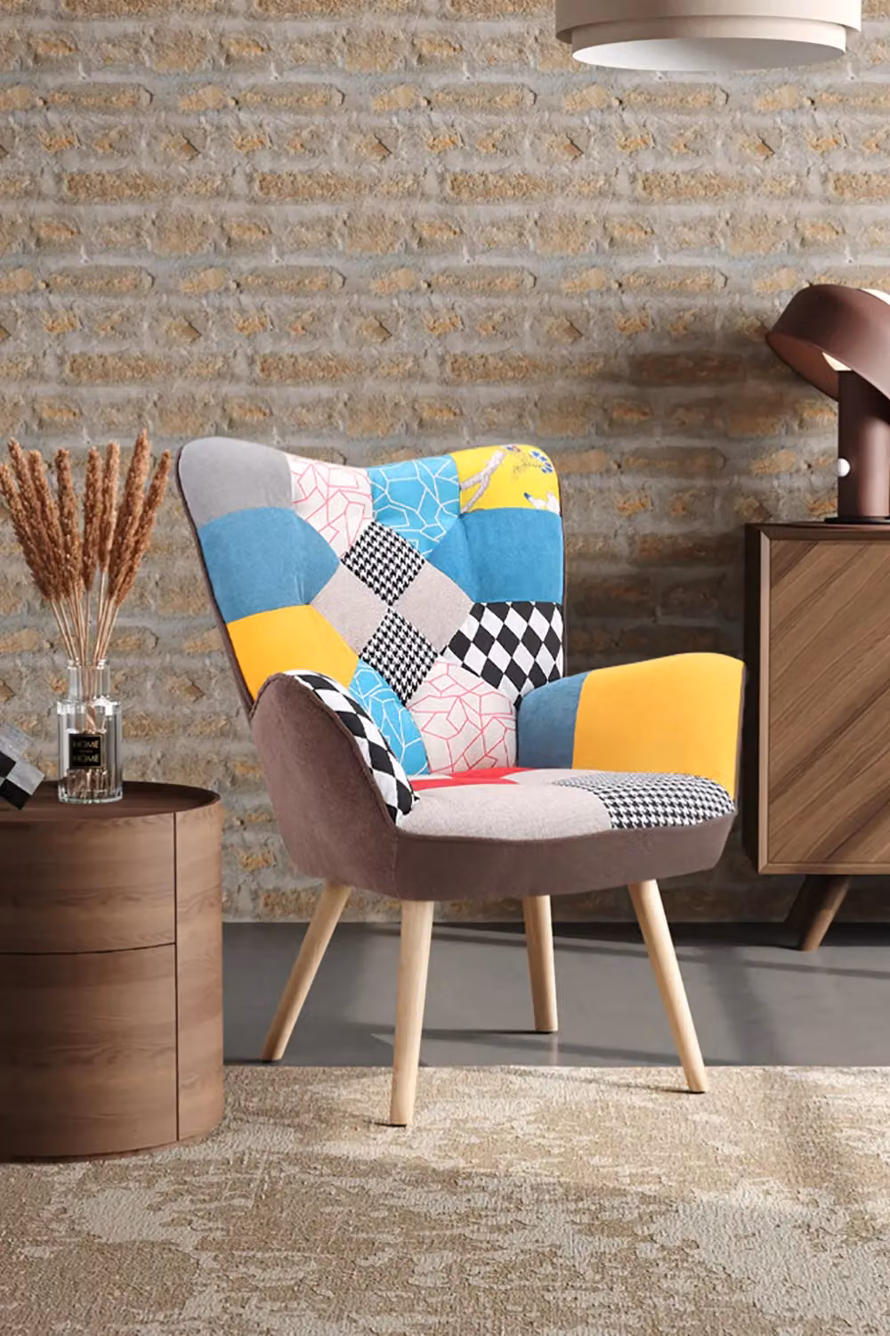 Living and Home Multicolour Patchwork Tufted Linen Tub Accent Chair with Armrests and Wooden Legs – 2