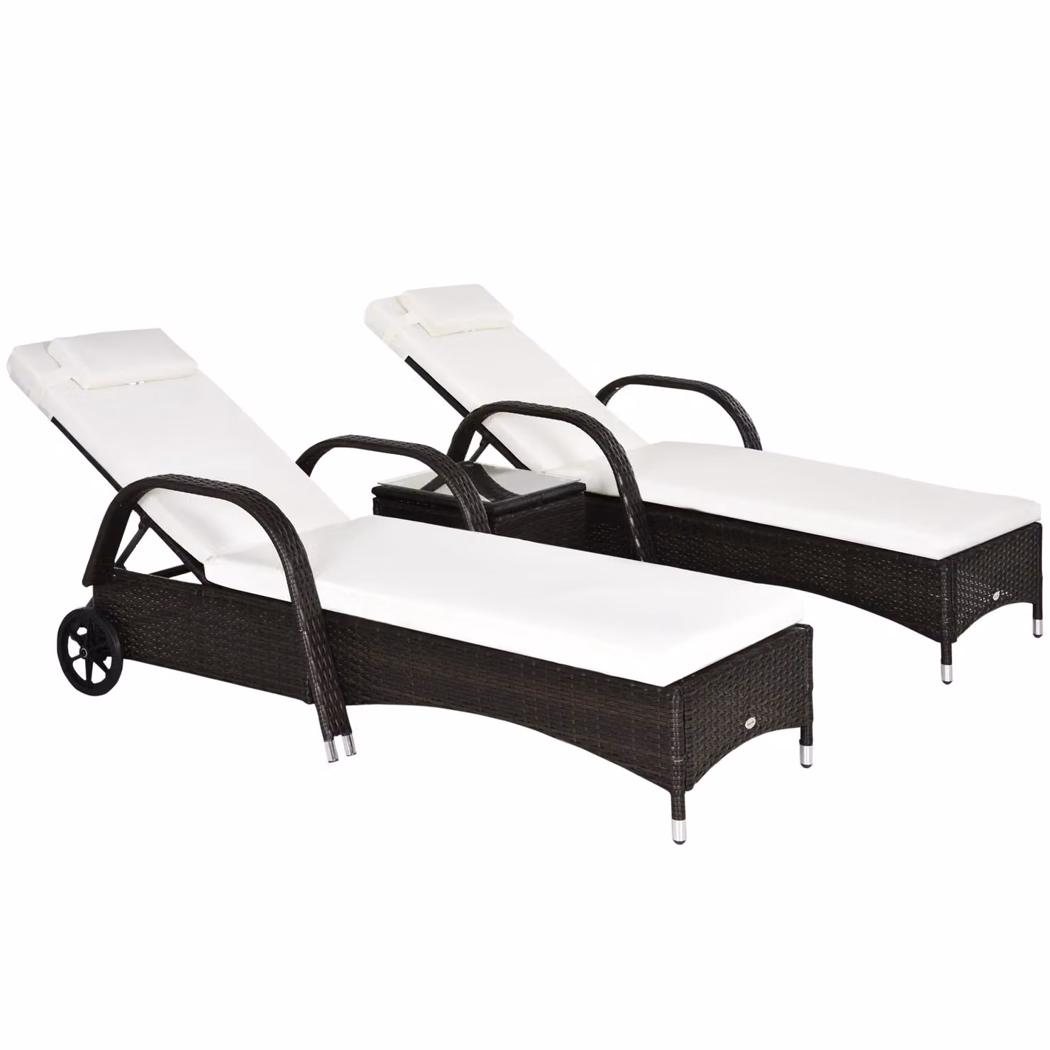 Outsunny 3 Piece Brown Polyrattan Sun Lounger Recliner Set with Side Table and Weatherproof Cushions – 3