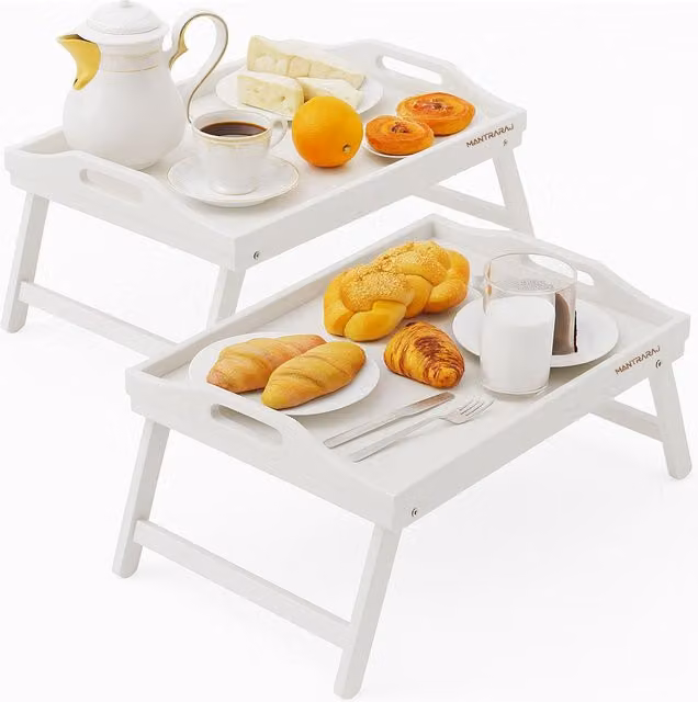 Mantraraj Bamboo Bed Tray Table with Foldable Legs, White, 2 Pack