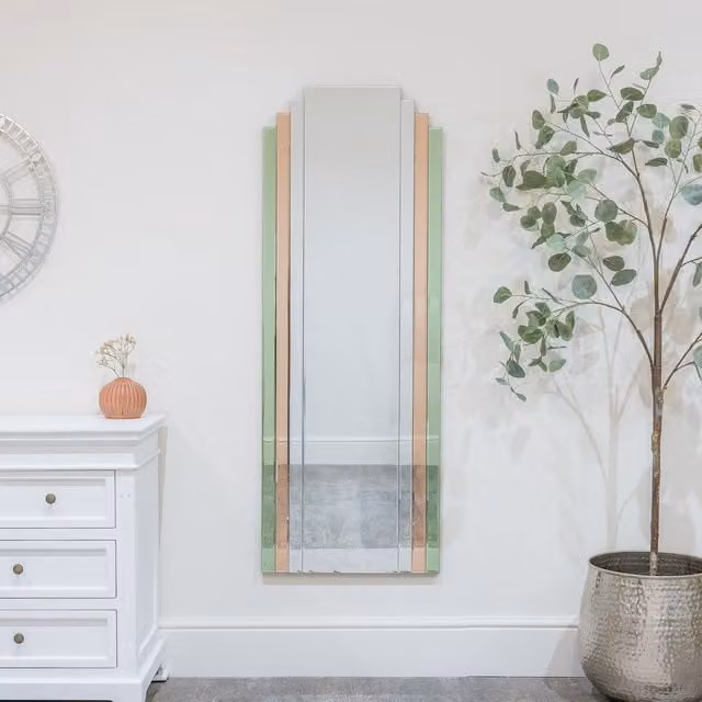 Melody Maison Art Deco Rectangular Frameless Glass Wall Mirror in Pink and Green, W: 52 cm, H: 142 cm