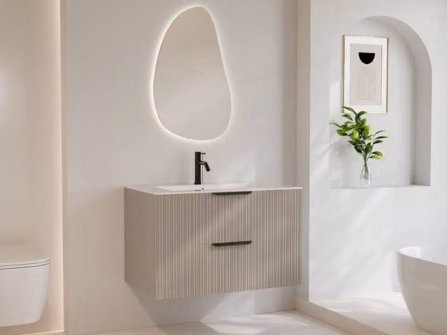 Vente-unique DALIKO Fluted Wall-Hung Vanity Unit in Beige with Soft-Close Doors and LED Lighting, W: 80 cm