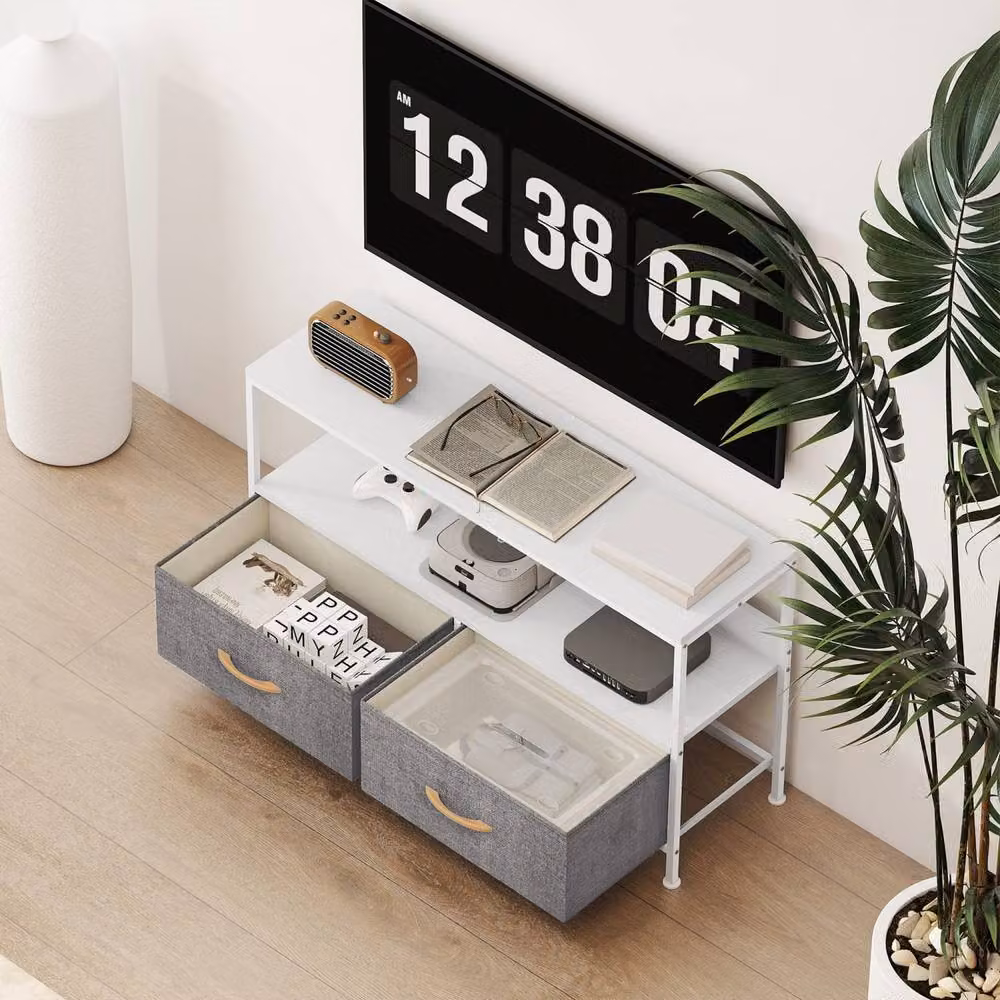 Wyld Haus Avavale TV Stand in White and Grey with 2 Foldable Fabric Drawers, W: 98 cm, D: 29 cm, H: 56 cm – 7