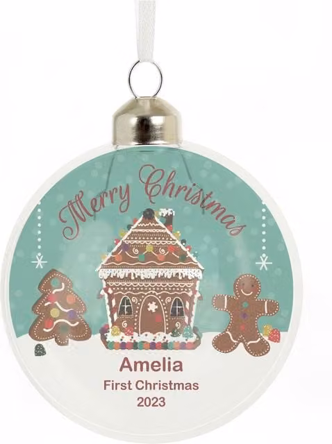 Personalised Memento Company Personalised Gingerbread House Christmas Glass Bauble in Clear and Multicolour