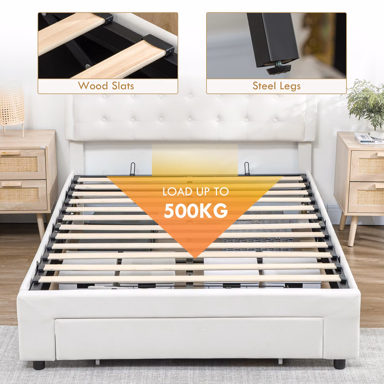 HOMCOM Modern Velvet Double Ottoman Bed Frame with Lift-Up Base and Storage, Beige/White, W: 140 cm, L: 200 cm, H: 193.5 cm – 3