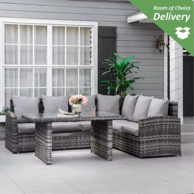 Outsunny 3 Piece Modern Outdoor Dining Set with Glass Top Table and 3 Chairs in Grey