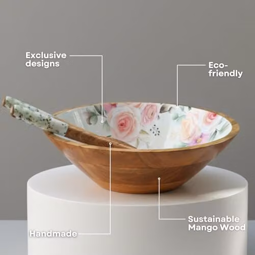 Hartsmede Handmade Mango Wood Salad Bowl Set with Matching Spoons, Floral Design, Multicolour, Diameter: 30.48 cm – 2
