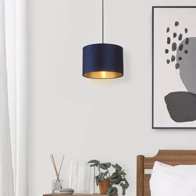 Lighting Collection Navy Blue Velvet Drum Lamp Shade with Gold Inner, Diameter: 30 cm