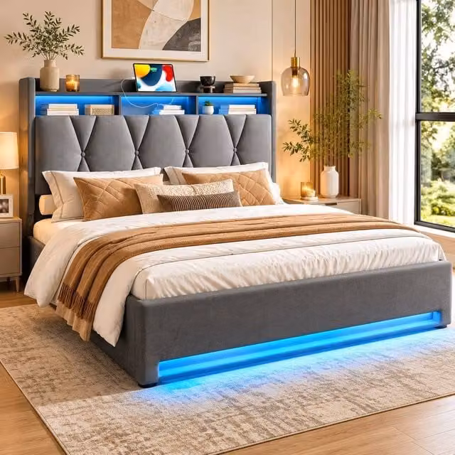 STILVORA Double Bed Frame with Storage, LED, USB Charging Port and Bedside Shelf in Grey Velvet Fabric, W: 135 cm, L: 190 cm