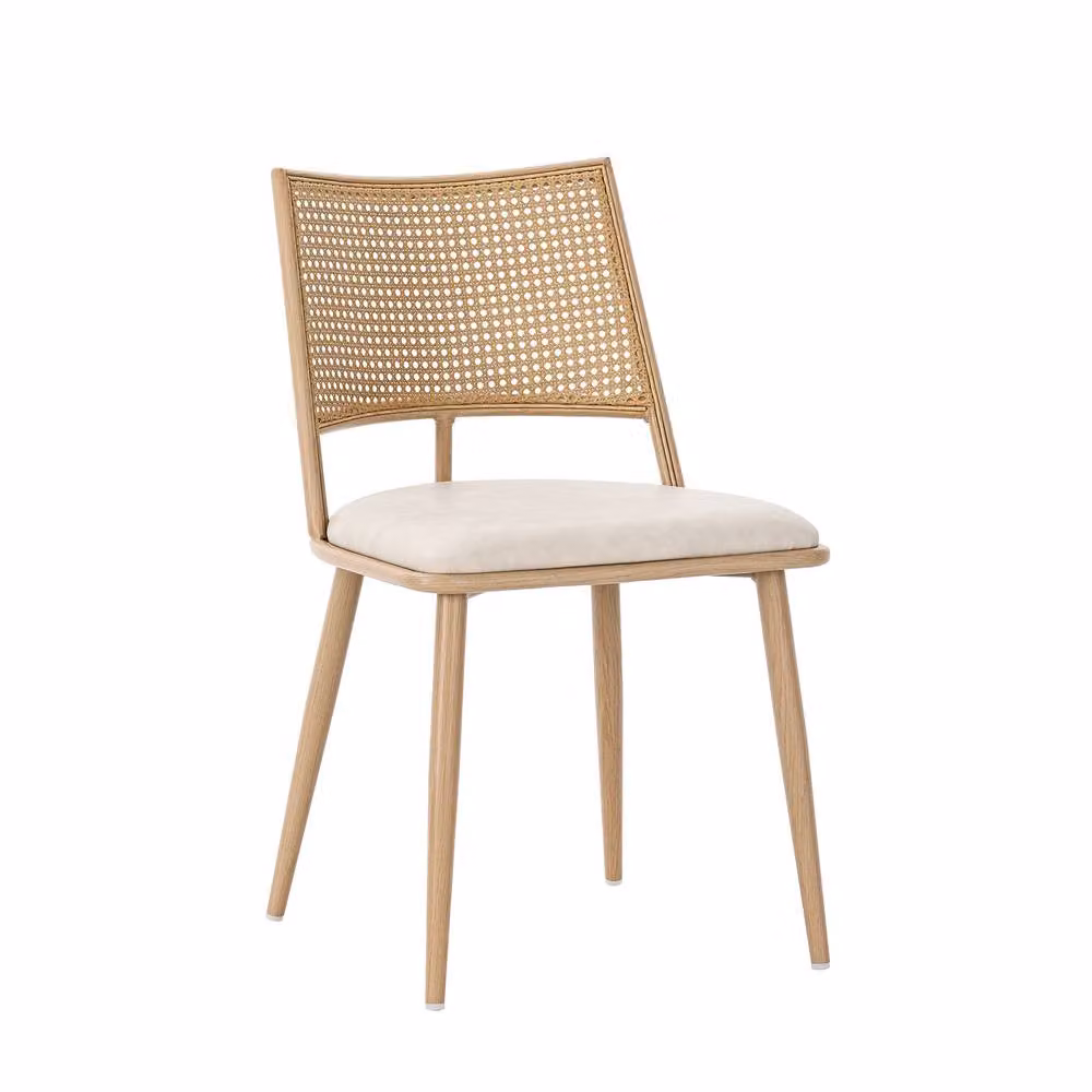 Merax Set of 4 Mid-Century Faux Rattan Dining Chairs with PU Leather Cushions in Beige – 3