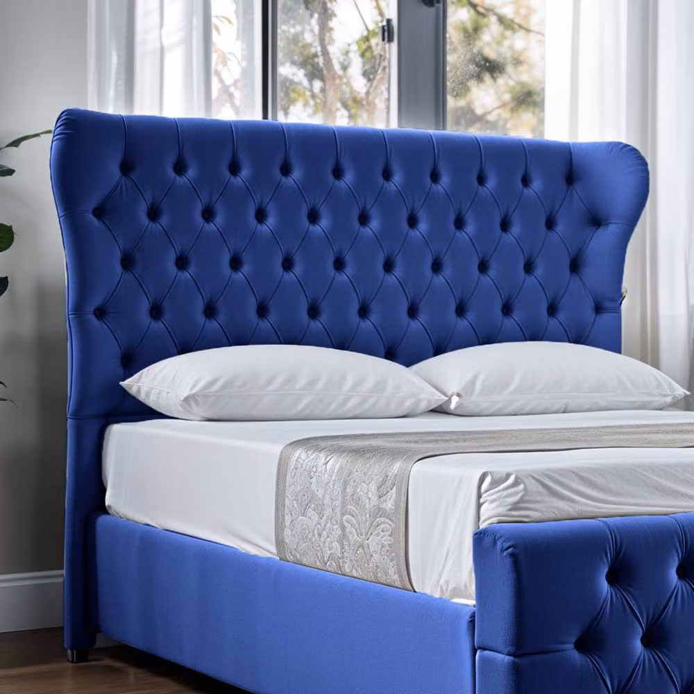 UK Bed Furniture Isabella Blue Velvet Upholstered Slatted Base Bed with 48 Inch Wingback Headboard, Size: Super King, W/D/H: 200 x 200 cm – 3