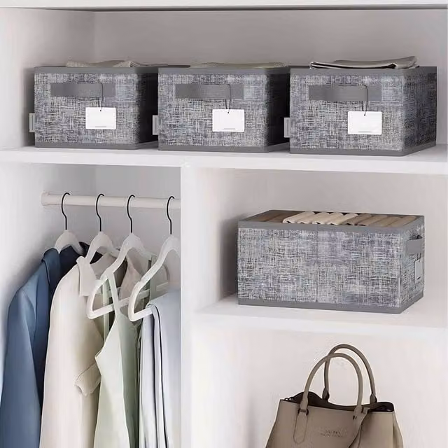 The Bazaarist Pack of 3 Foldable Fabric Storage Baskets with Handles and Label Holders, Grey