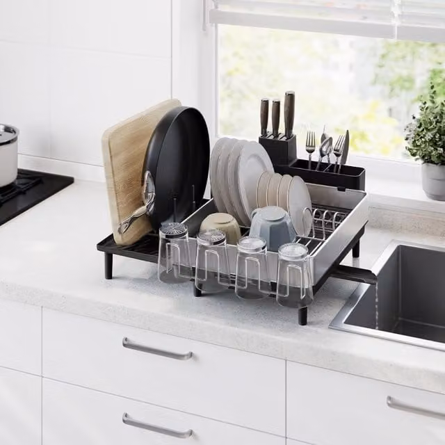 The Bazaarist Stainless Steel Expandable Dish Drainer with Cup Holder and Cutlery Holder in Silver and Black