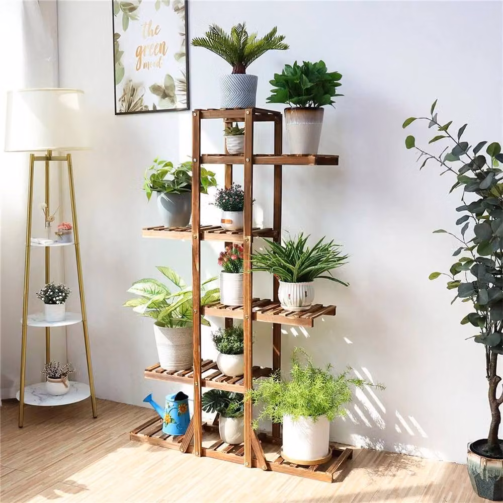EONLION 6 Tier Rustic Brown Lacquered Wood Corner Plant Stand and Flower Shelf Rack – 4
