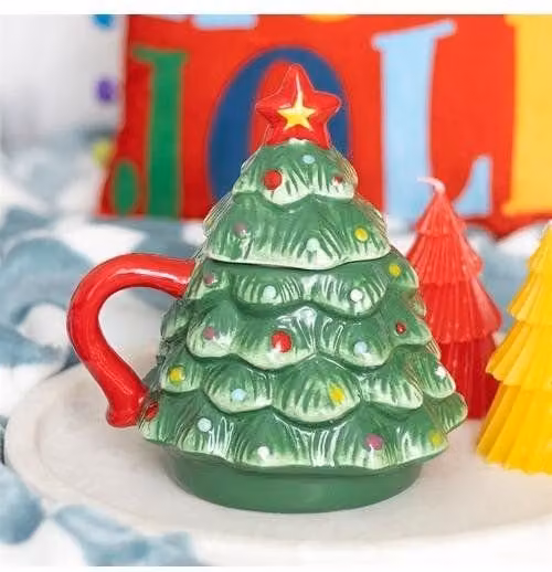 KDMD Nostalgic Christmas Tree Ceramic Mug with Lid in Green, 500 ml