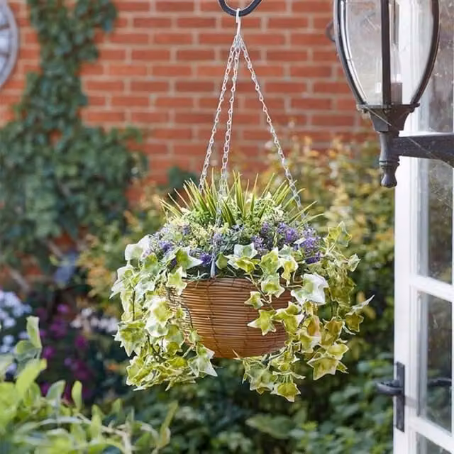 Garden Mile Green and Brown Artificial Hanging Basket with Galvanised Steel and Plastic Round Design