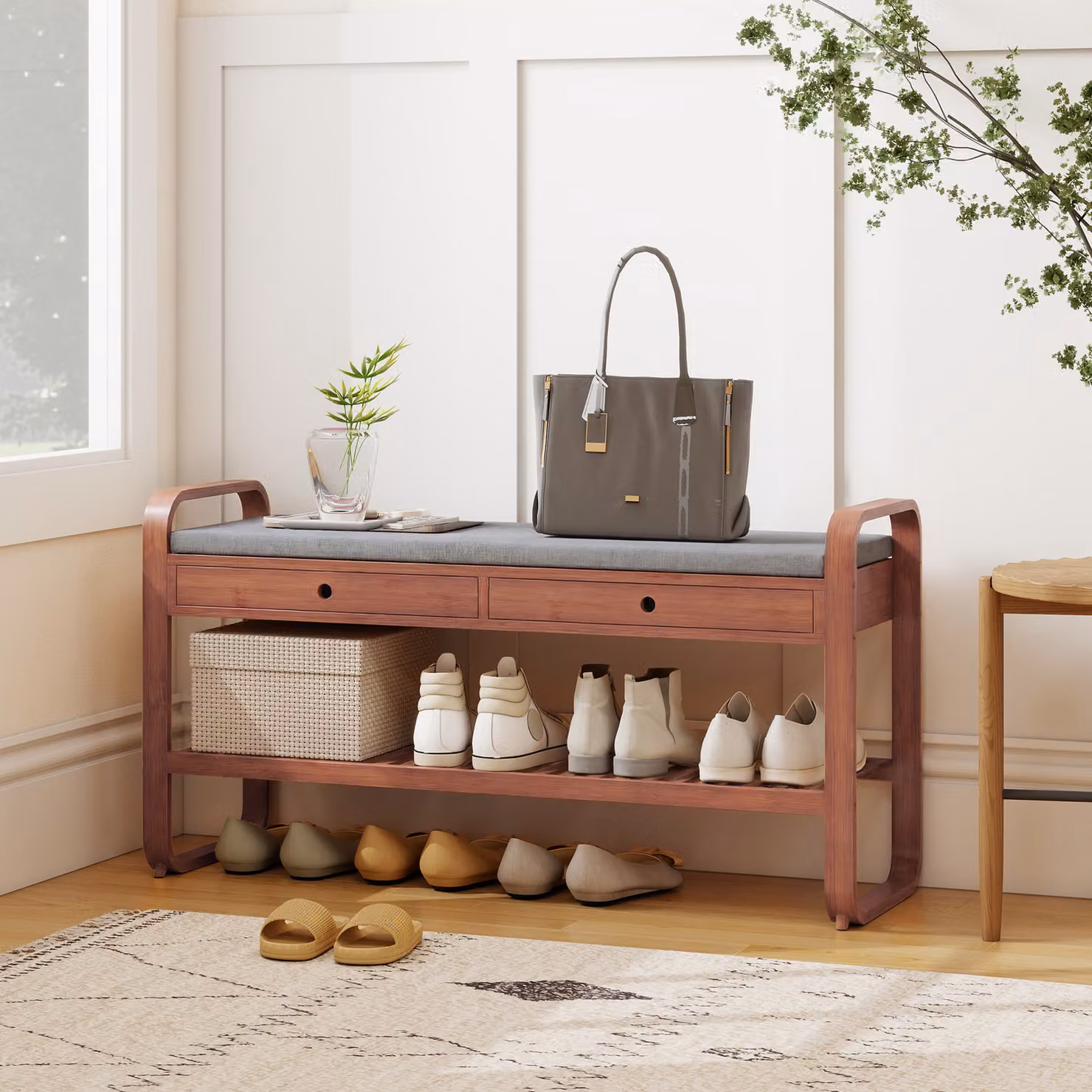 HOMCOM Shoe Storage Bench with Cushioned Seat and 2 Drawers, Dark Brown and Grey, W: 105 cm, H: 55 cm, D: 33.2 cm – 2