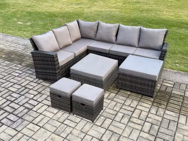 Fimous 10 Seat Rattan Garden Furniture Set in Dark Grey with Corner Sofa, Coffee Table and Ottoman