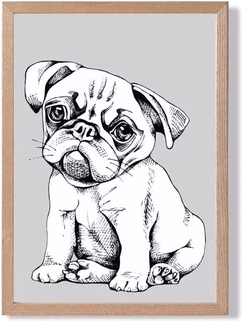 ARTZE Sketch Pug Dog Illustration on Light Grey Paper Poster with Oak Wood Frame, A2