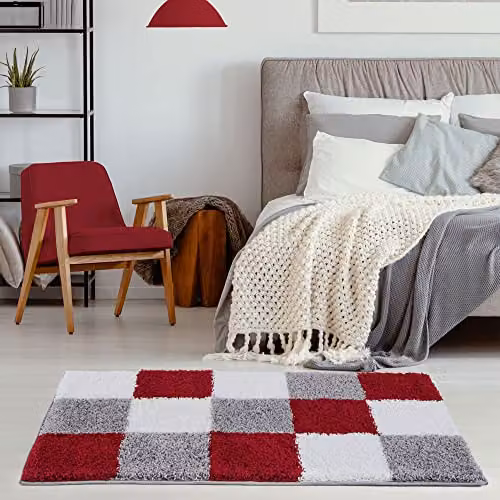 THE RUGS Modern Checked Shaggy Area Rug in Red and Grey, W/D/H: 110 x 60 x 3 cm – 4