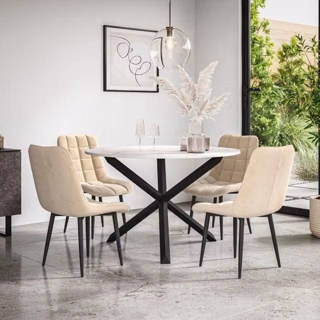 More4Homes Malvern Round Dining Table and 4 Nova Velvet Dining Chairs Set, Marble Top with Solid Oak Black Legs, Beige – 1