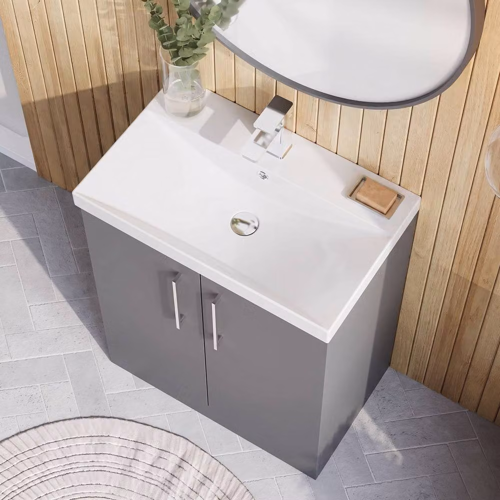 Balterley Modern Freestanding Bathroom Floor Vanity Unit with Basin and 2 Soft Close Doors in Satin Grey, Width: 80 cm – 2