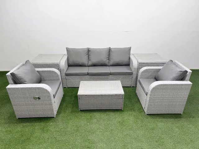 Fimous PE Rattan Garden Furniture Set in Light Grey with 3-Seater Sofa, Reclining Armchairs, Oblong Coffee Table and 2 Side Tables