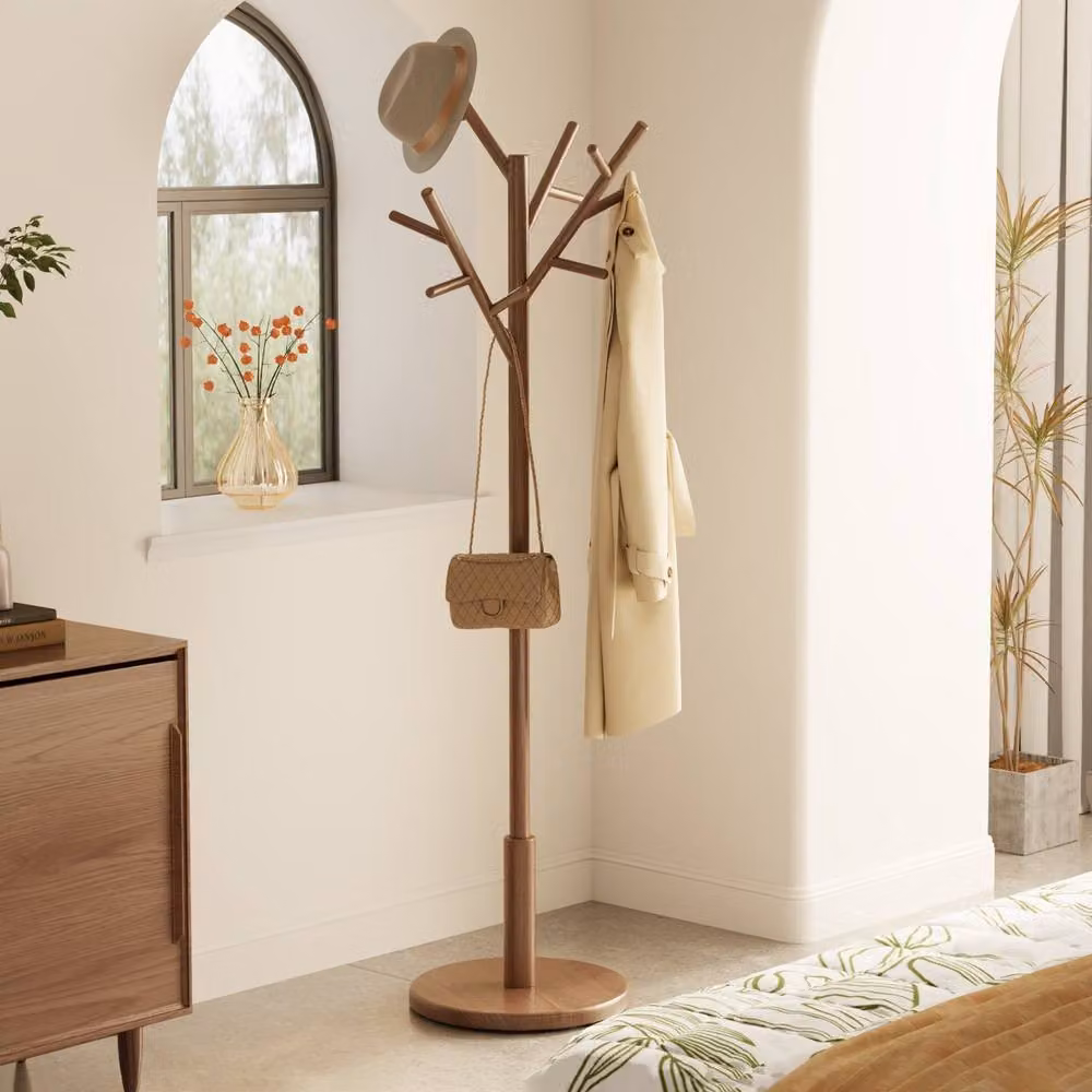 YQJJGL Mobile Solid Wood Coat Rack with Hooks and Clothes Rail in Brown Walnut – 3