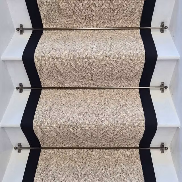 RainbowHome Herringbone Berber Beige Stair Runner with Black Cotton Border, W: 60 cm, L: 600 cm