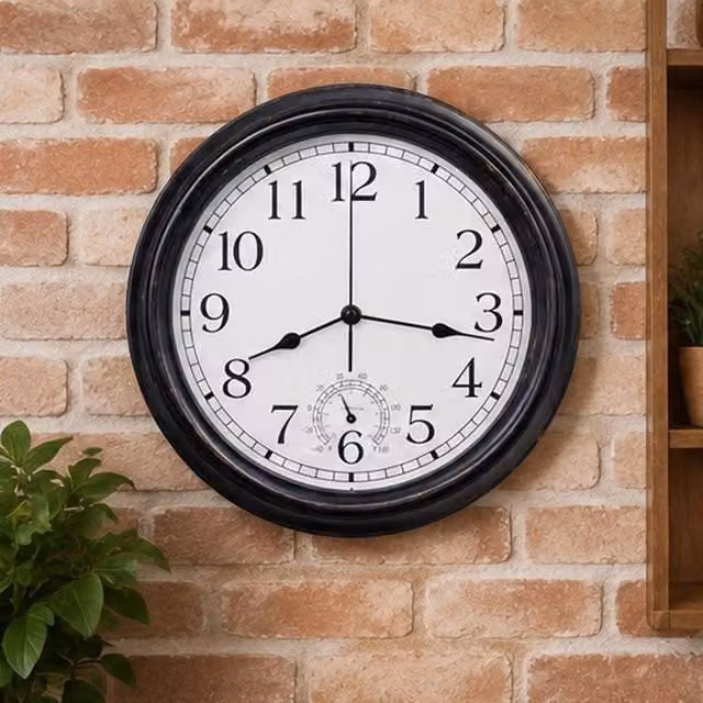 SPETLEK Vintage Round Metal Garden Wall Clock with Thermometer, Black, Diameter: 30.48 cm – 1