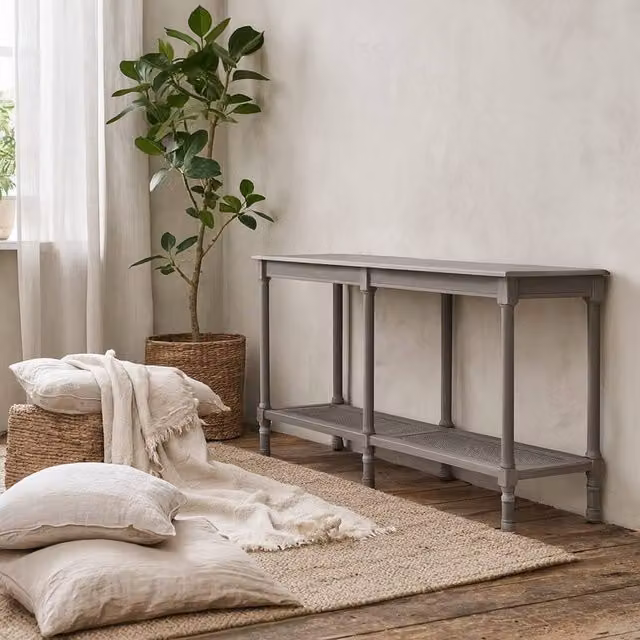 Wyld Haus Laurelbrook Large Console Table in Grey Wood with Woven Rattan Shelf, W/D/H: 120 x 40 x 80 cm – 1