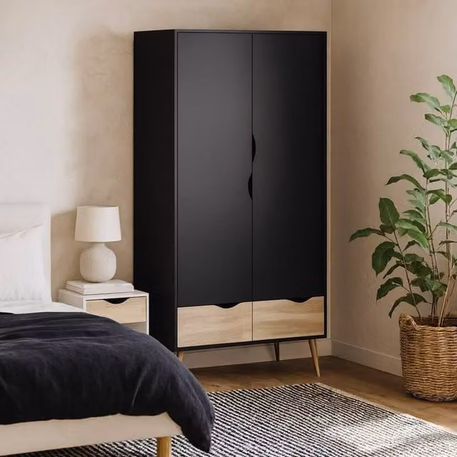 Wyld Haus Sapporo 2 Door Wardrobe with 2 Drawers in Black and Natural Oak