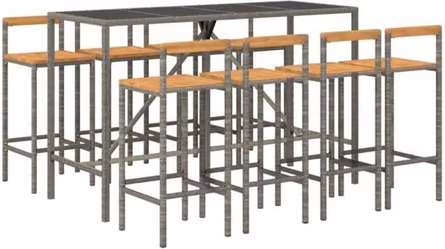 Berkfield Home Beautiful 9 Piece Grey Poly Rattan and Solid Acacia Wood Garden Bar Set