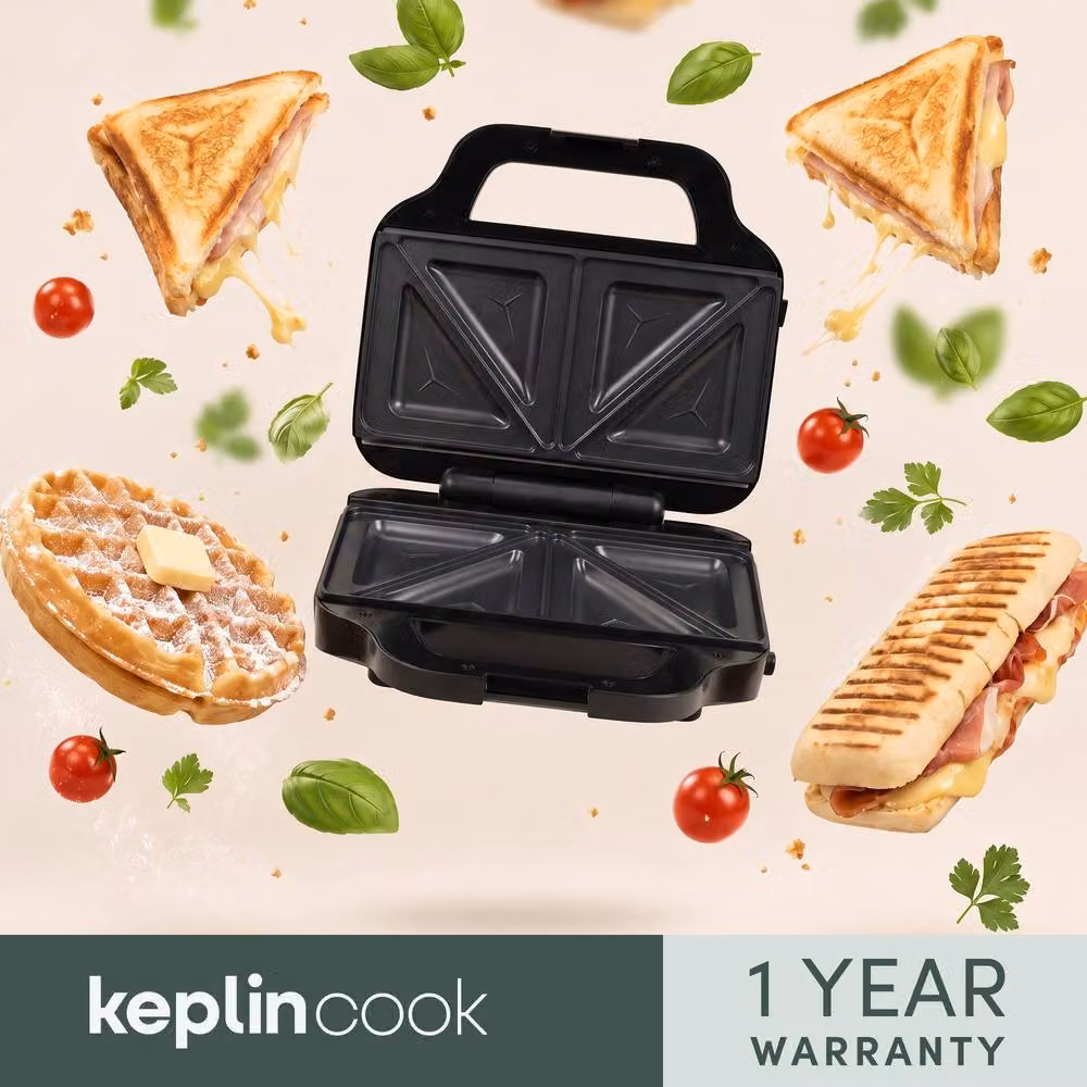 Keplin 3-in-1 Sandwich Maker with 1000W Power and Automatic Temperature Control in Silver and Black – 8