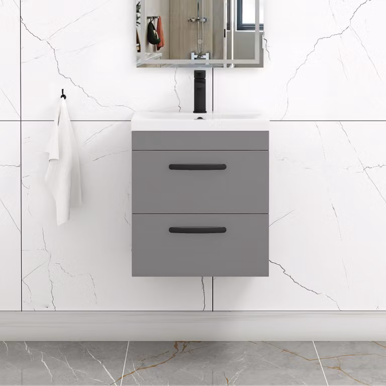 Royal Bathrooms Turin 500mm Wall Hung Vanity Unit in Indigo Grey Gloss with 2 Drawers and Matt Black Handles