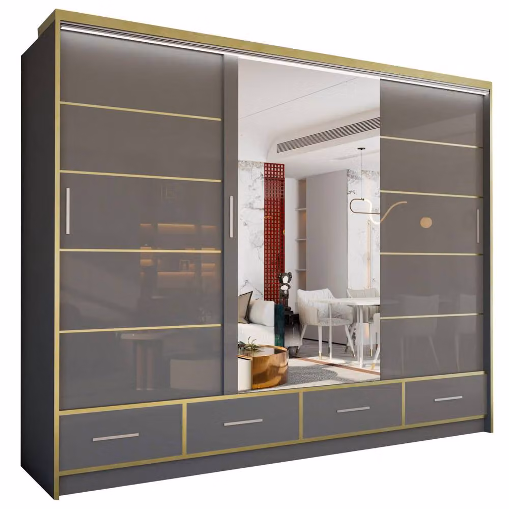 Sliding Wardrobes 4U Modern High Gloss Wardrobe with LED Light and Mirror Doors, Grey, W/D/H: 253 x 220 cm – 2
