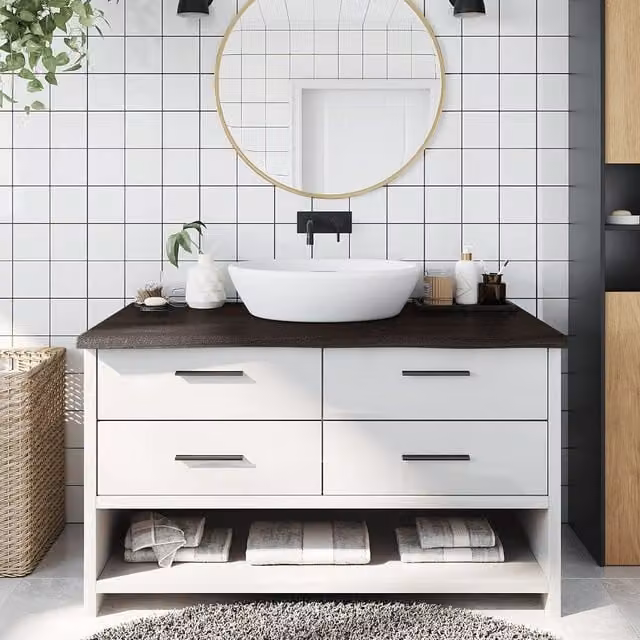 Berkfield Home Bathroom Countertop in Dark Brown and Grey Treated Solid Wood W/D/H: 100 x 60 x 2-4 cm