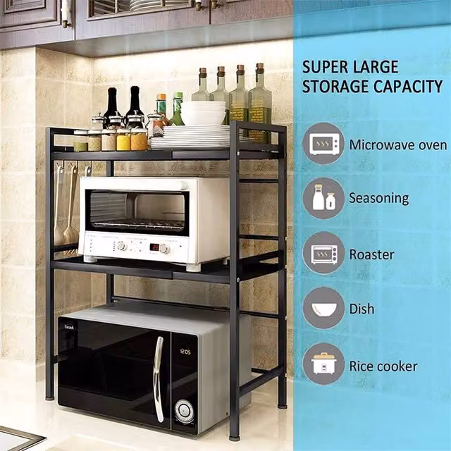 Nordara 3 Tier Expandable Black Metal Kitchen Corner Microwave Rack and Storage Stand