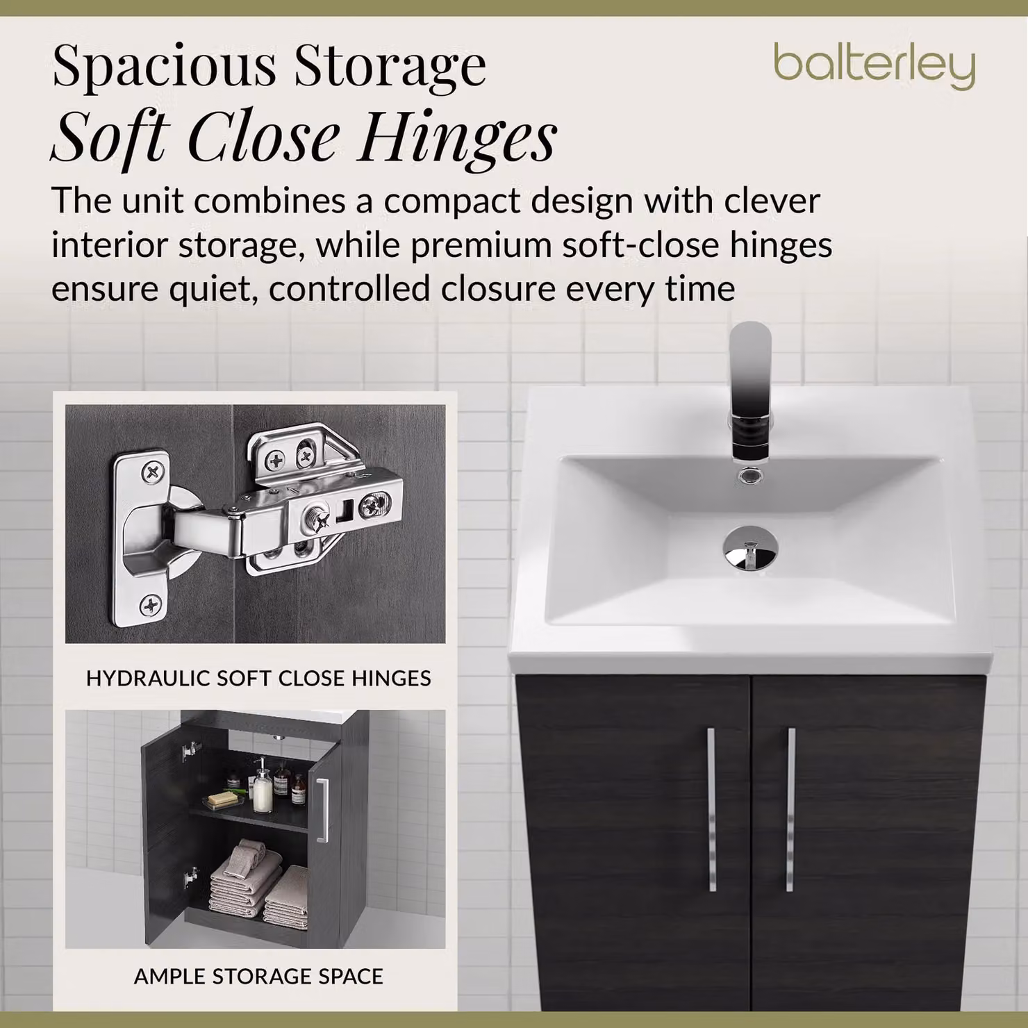 Balterley Modern Black Wood Freestanding Bathroom Vanity Basin Unit with Soft Close Hinged Doors, W: 60 cm, H: 84 cm – 3