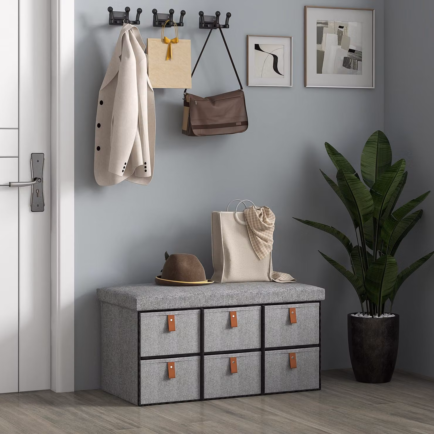 HOMCOM Shoe Storage Bench with Cushion and 6 Fabric Drawers, Light Grey, W: 120 cm, H: 45 cm, D: 38 cm – 6