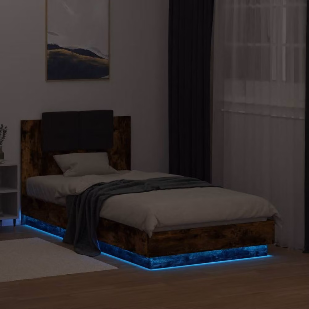 Berkfield Home Durable Bed Frame with LED Under-Bed Lighting in Smoked Oak Brown, W/D/H: 80 x 190 x 78 cm – 4