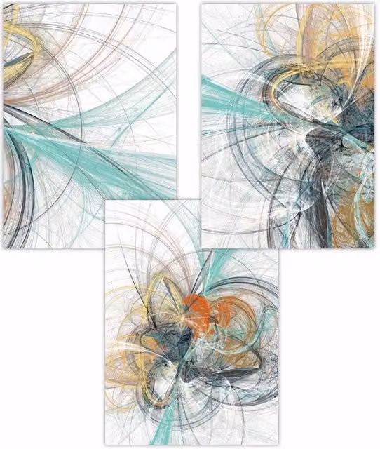 ARTZE Set of 3 Abstract Modern Fractal Art Paper Posters in Green, Yellow and Grey, W: 50 cm x H: 70 cm