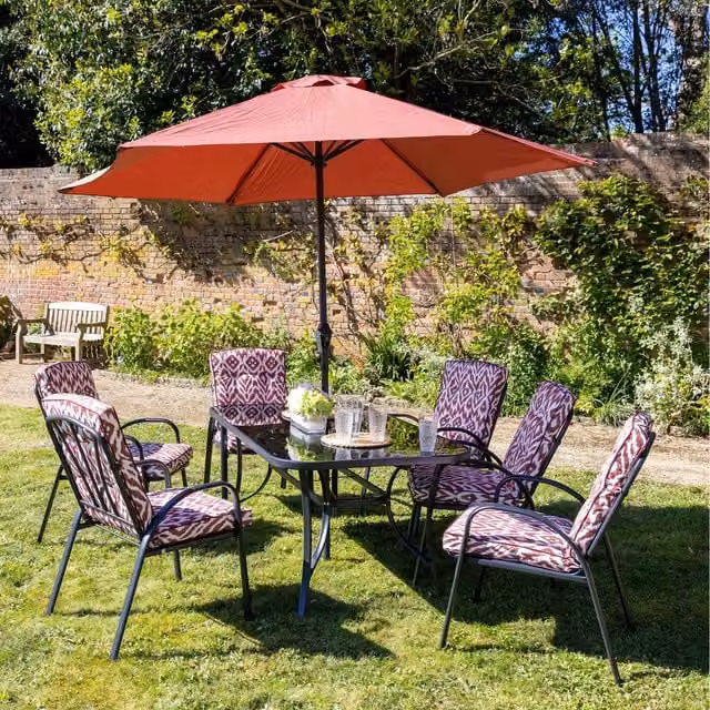Primrose 6 Seater Rectangular Tempered Glass Dining Set with Crank Parasol in Red