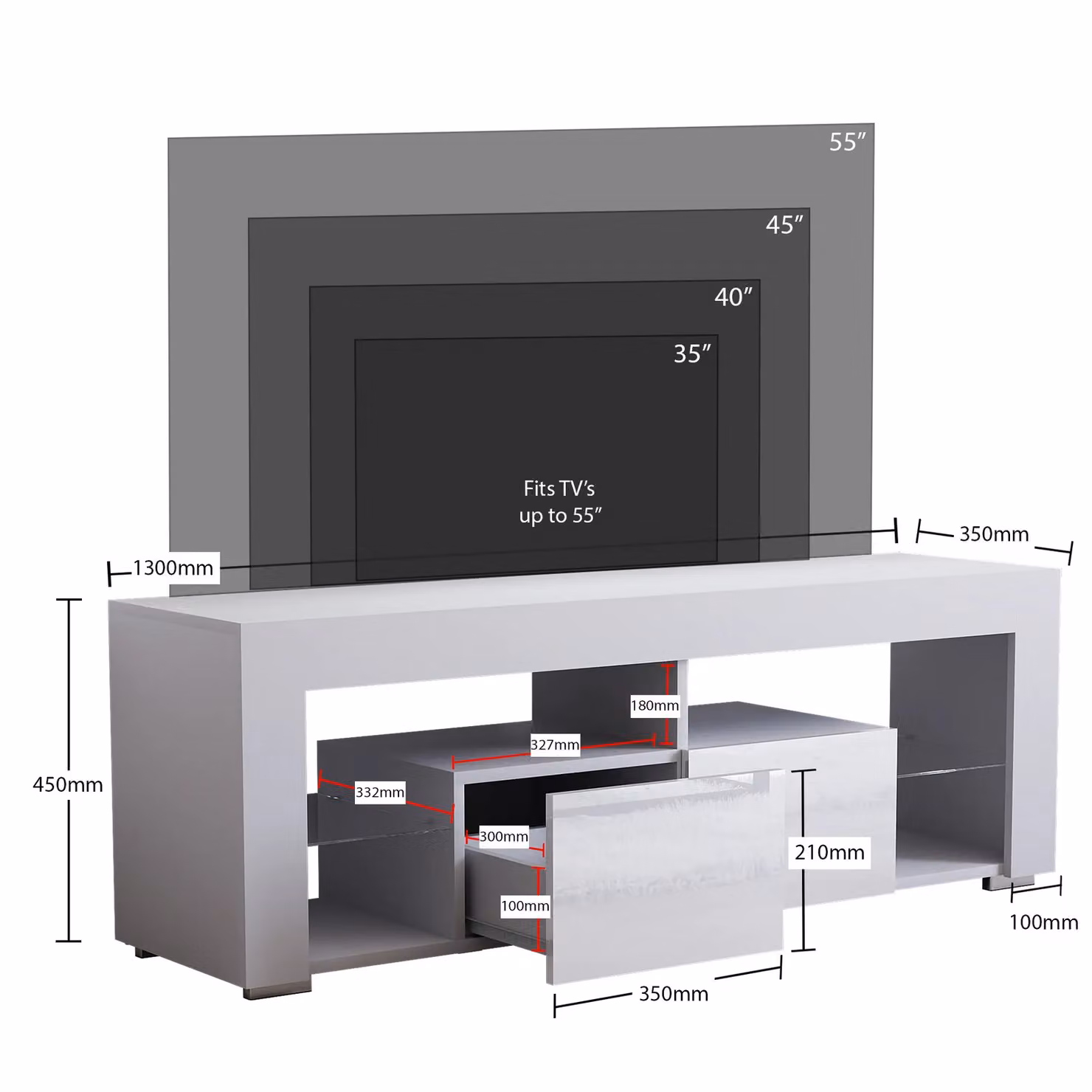 Vida Designs Luna Modern 2 Drawer LED TV Unit with Integrated Lighting in White Glossy Finish – 2