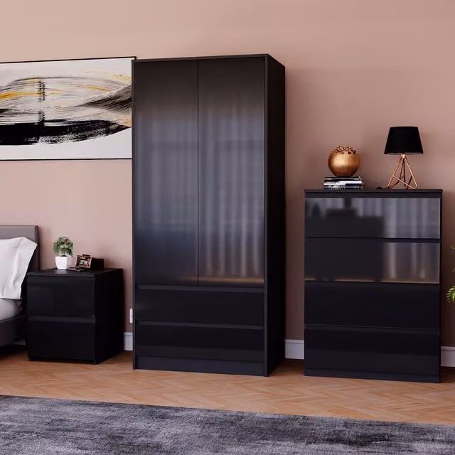 Vida Designs Glinton 3 Piece FSC Certified Modern Glossy Black Bedroom Set including Wardrobe, Chest of Drawers and Nightstand