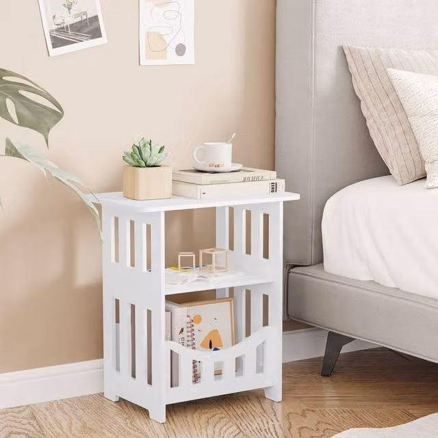 Dprodo Multifunction Small Side Table with Storage Shelf Basket in White – 1