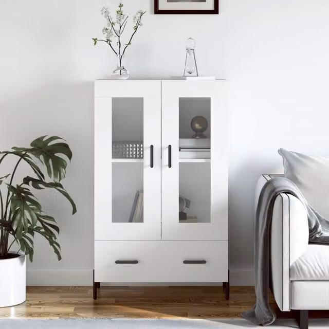 Berkfield Home Modern White Highboard with Glass Doors, W/D/H: 69.5 x 31 x 115 cm