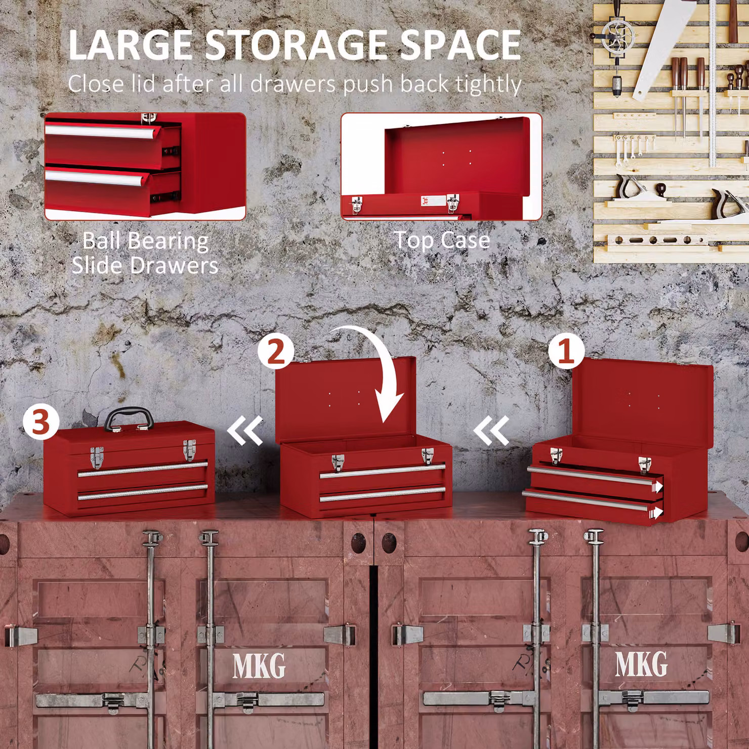 DURHAND Metal Tool Box with Lock and 2 Drawers, Red – 5