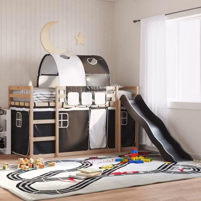 Berkfield Home Solid Wood Childrens Bunk Bed with Slide in White and Black, W/D/H: 80 x 200 cm