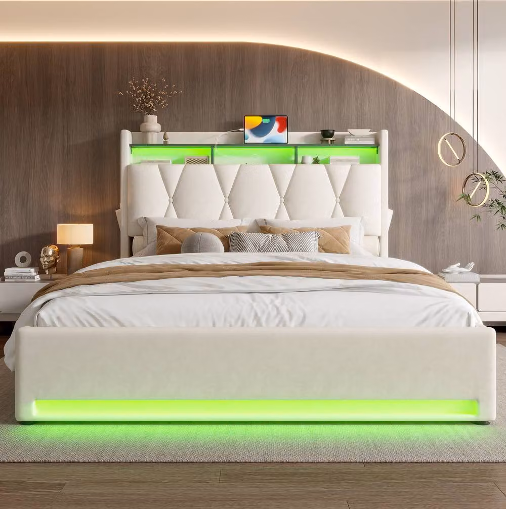 STILVORA Beige Velvet Upholstered Double Bed Frame with LED Lighting, USB Charging Ports, Bedside Shelves and Lift-Up Storage W/D/H: 140 x 200 x 137 cm – 2
